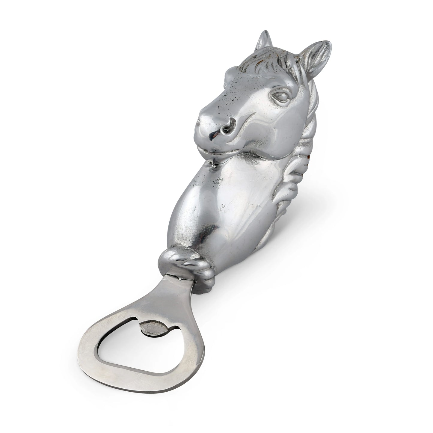 Silver horse-shaped bottle opener on a white background