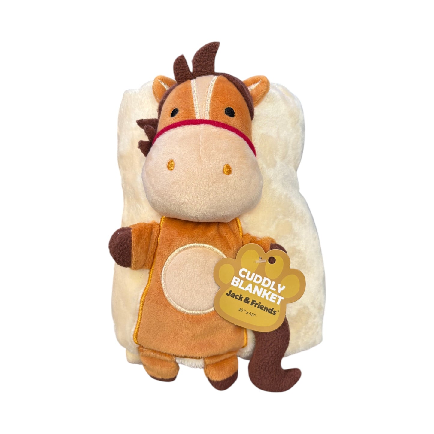 Plush horse-shaped blanket with a tag on a white background