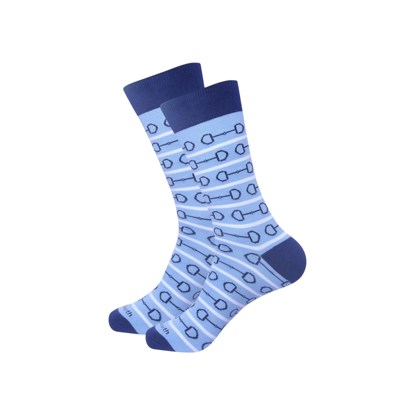 Pair of blue socks with a pattern on a white background
