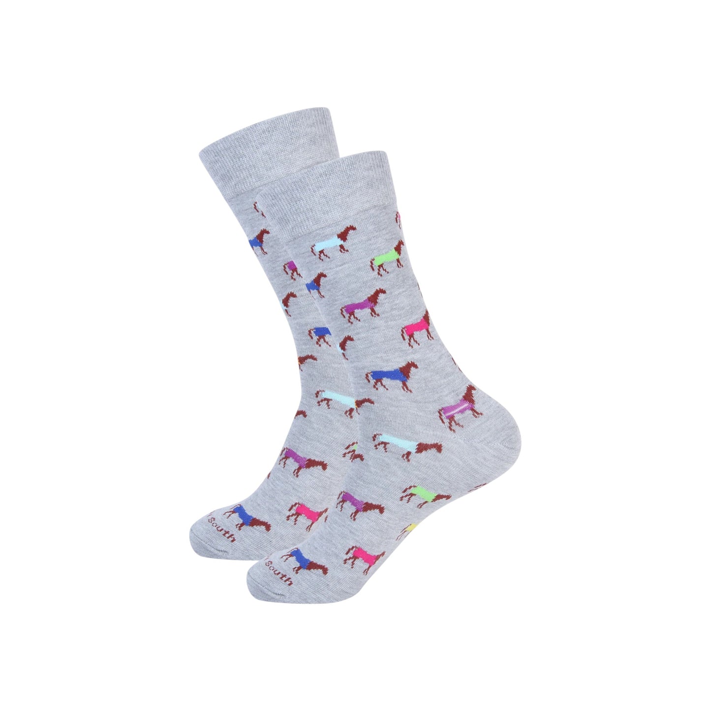 Gray socks with colorful horse pattern on a white background