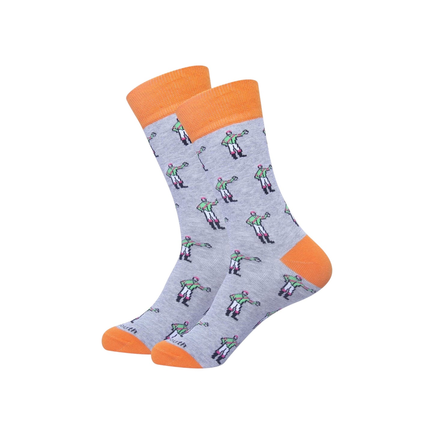 Gray socks with orange accents and jockey pattern on a white background