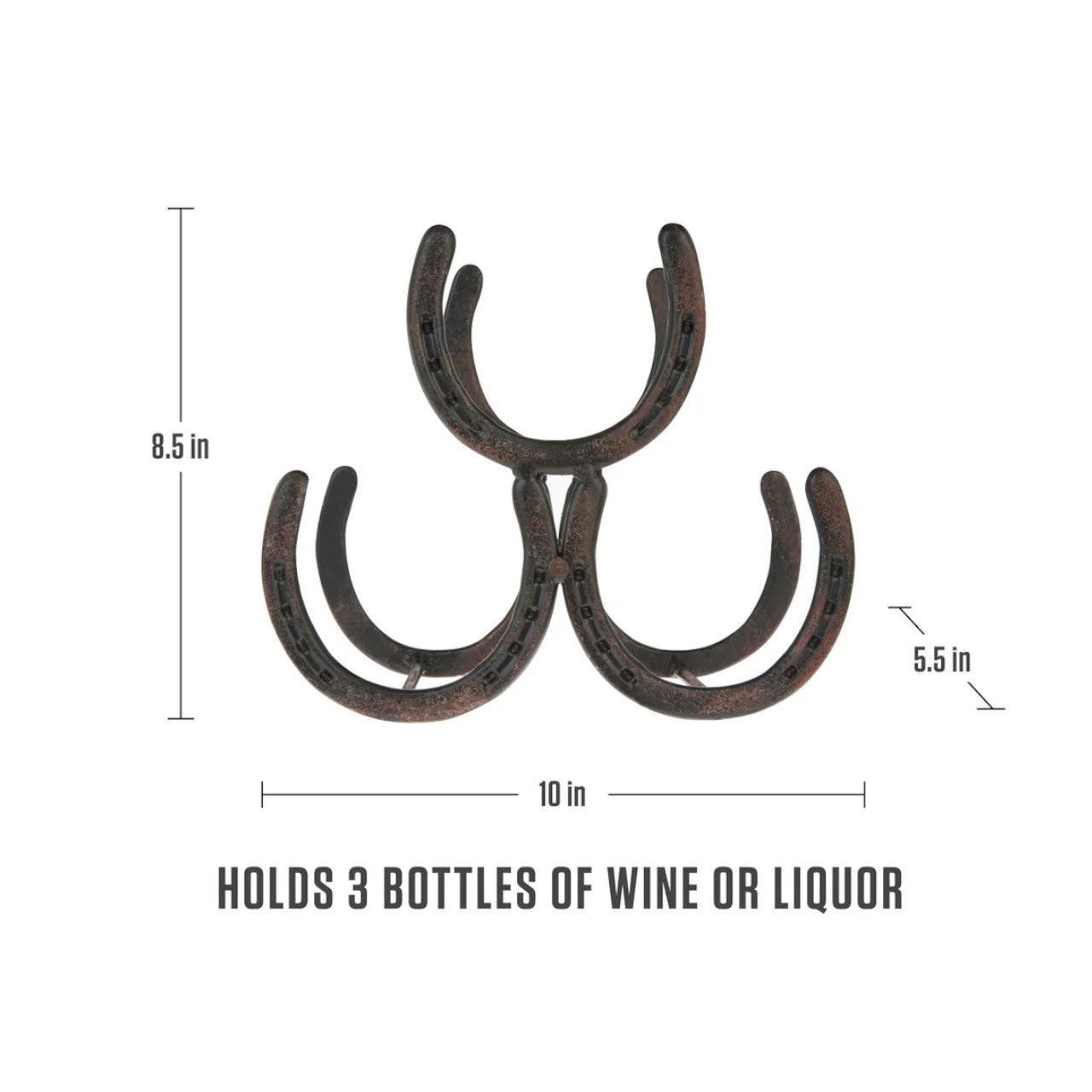 Horseshoe wine bottle holder with dimensions on a white background