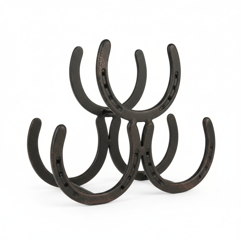 A rustic metal wine rack made of interconnected horseshoes holding three wine bottles on a kitchen counter.