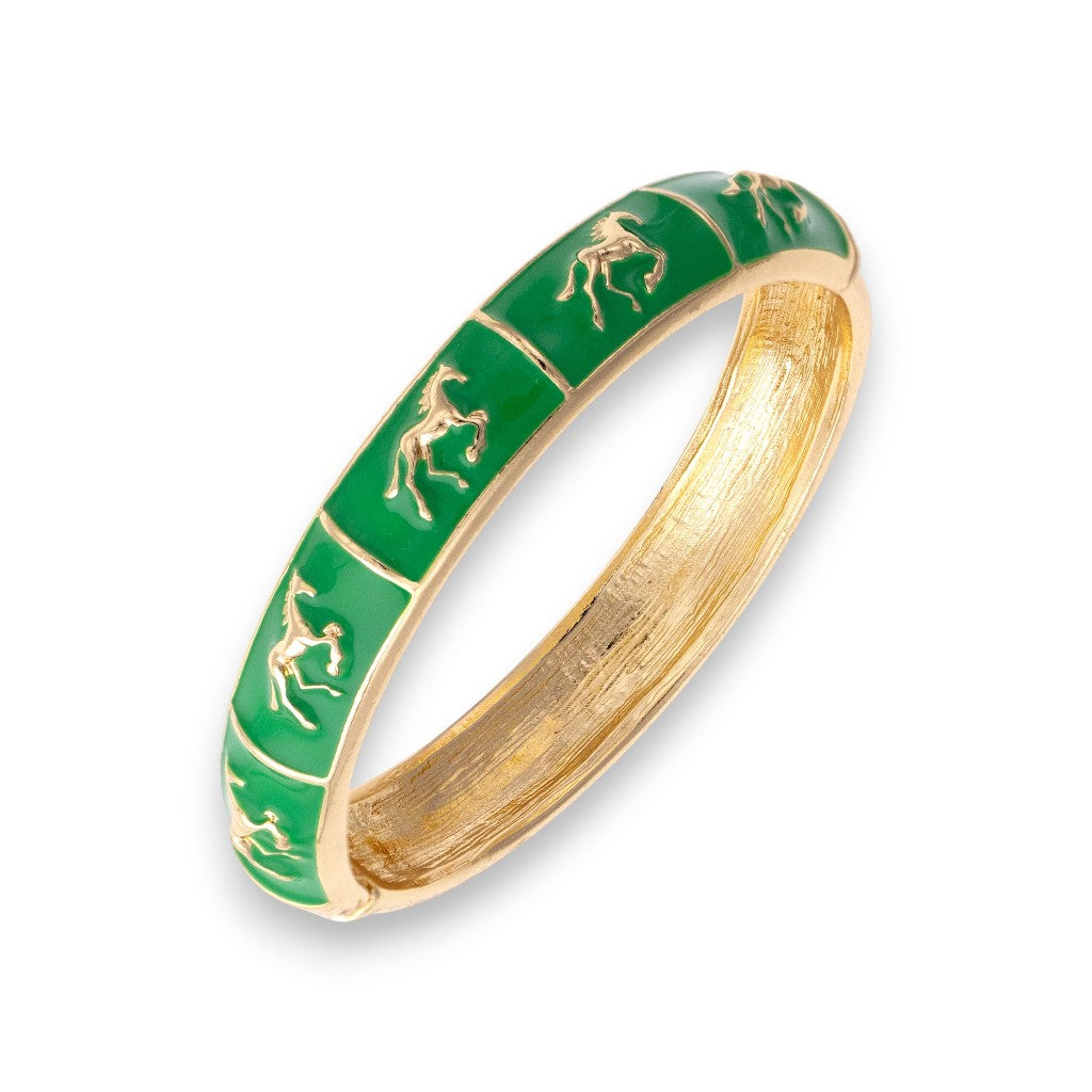 Close-up of the Horsin' Around Bangle in green enamel.