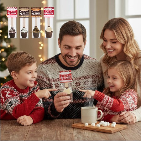 A happy family smiling as they stir hot chocolate spoons into mugs in a cozy, festive living room.