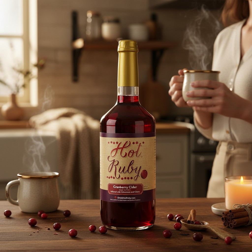 Bottle of 'Hot Ruby' cranberry cider on a kitchen counter with a person holding a steaming mug.