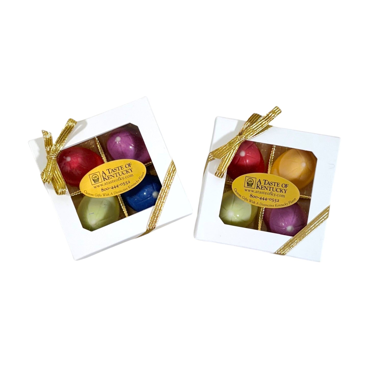 Two boxes of colorful jockey cap chocolate candies with a 'A Taste of Kentucky' label on a white background.