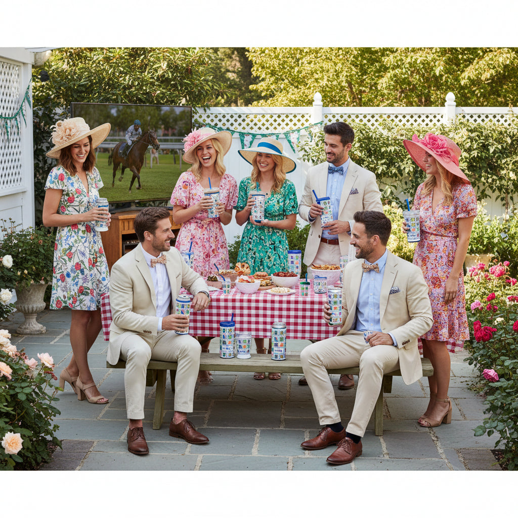 A lifestyle shot of friends at a Derby party holding various cups from the Jockey Club collection.