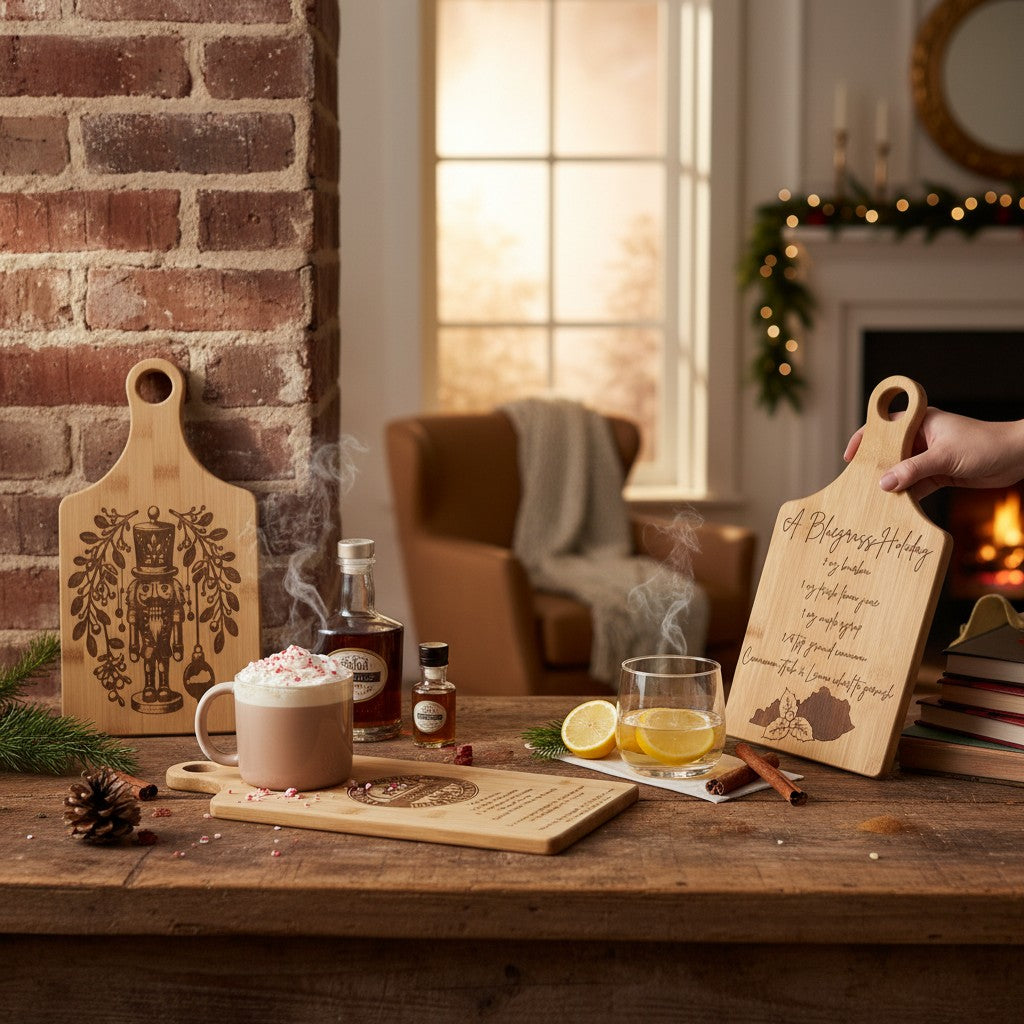 Cozy indoor setting with hot chocolate, wooden cutting boards, and a fireplace.