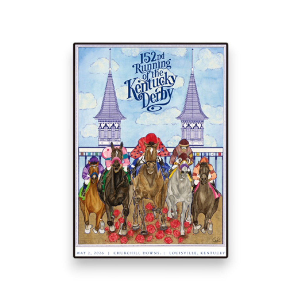 Front view of the 152nd Kentucky Derby PVC magnet showing the 3D raised details of the horses and Twin Spires.