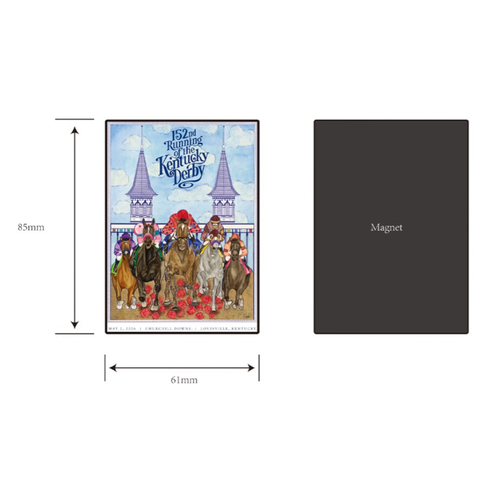 The 85mm x 61mm Kentucky Derby magnet shown front and back for the Art of the Derby 152nd Kentucky Derby.