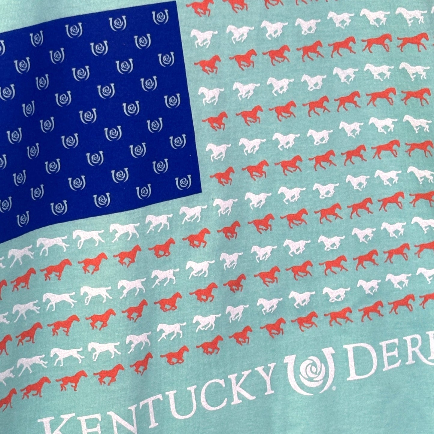 Close up of the Kentucky Derby horse and rose flag design on the Kentucky Derby 152 Horse Flag Shirt