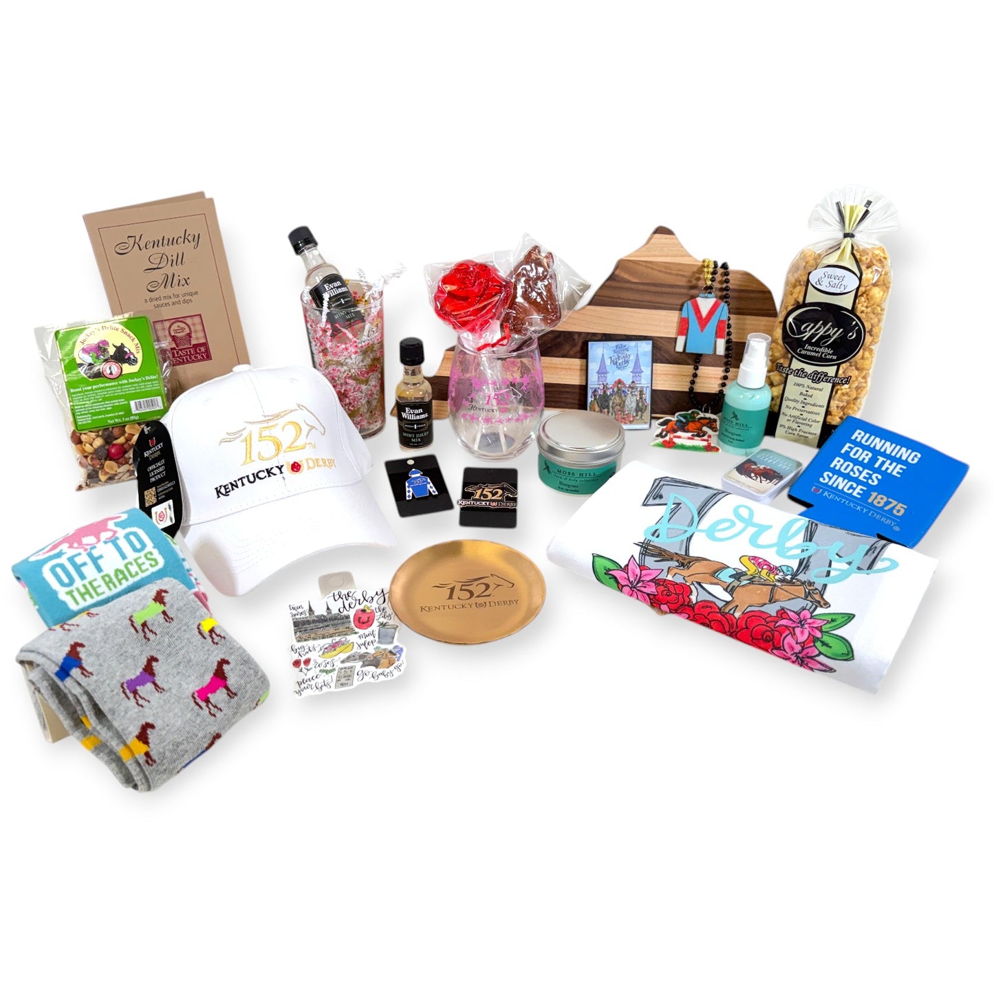 A full array of Kentucky Derby 152 gift items spread out, including snacks, drinkware, cap, and Derby memorabilia.