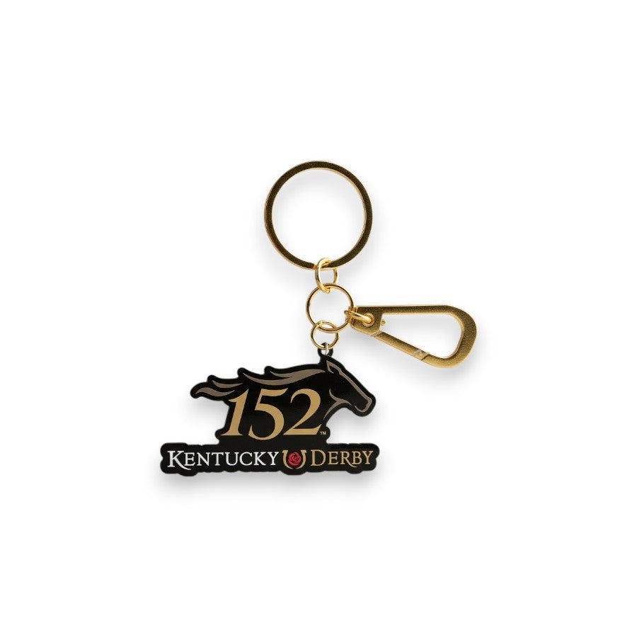 A gold-tone Kentucky Derby 152 keychain featuring a black running horse silhouette charm with gold '152' numbering, a signature red rose logo, and an attached gold carabiner clip on a white background.