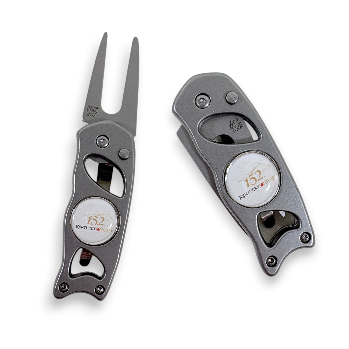Stainless steel switchblade golf divot repair tool with prongs extended, featuring the 152nd Kentucky Derby emblem on a white background.