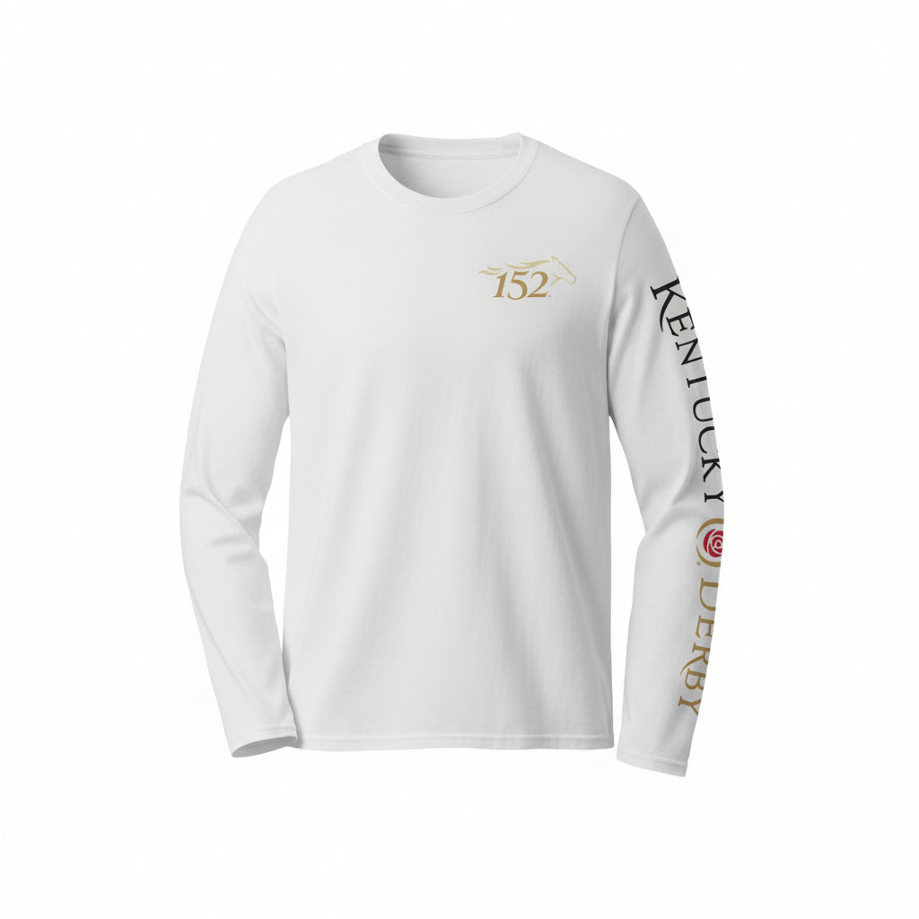 Front view of the white Kentucky Derby 152 long sleeve shirt showing the event logo on the left chest.
