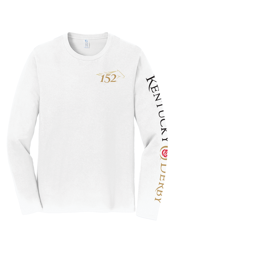 Front view of the white Kentucky Derby 152 long sleeve shirt showing the event logo on the left chest.