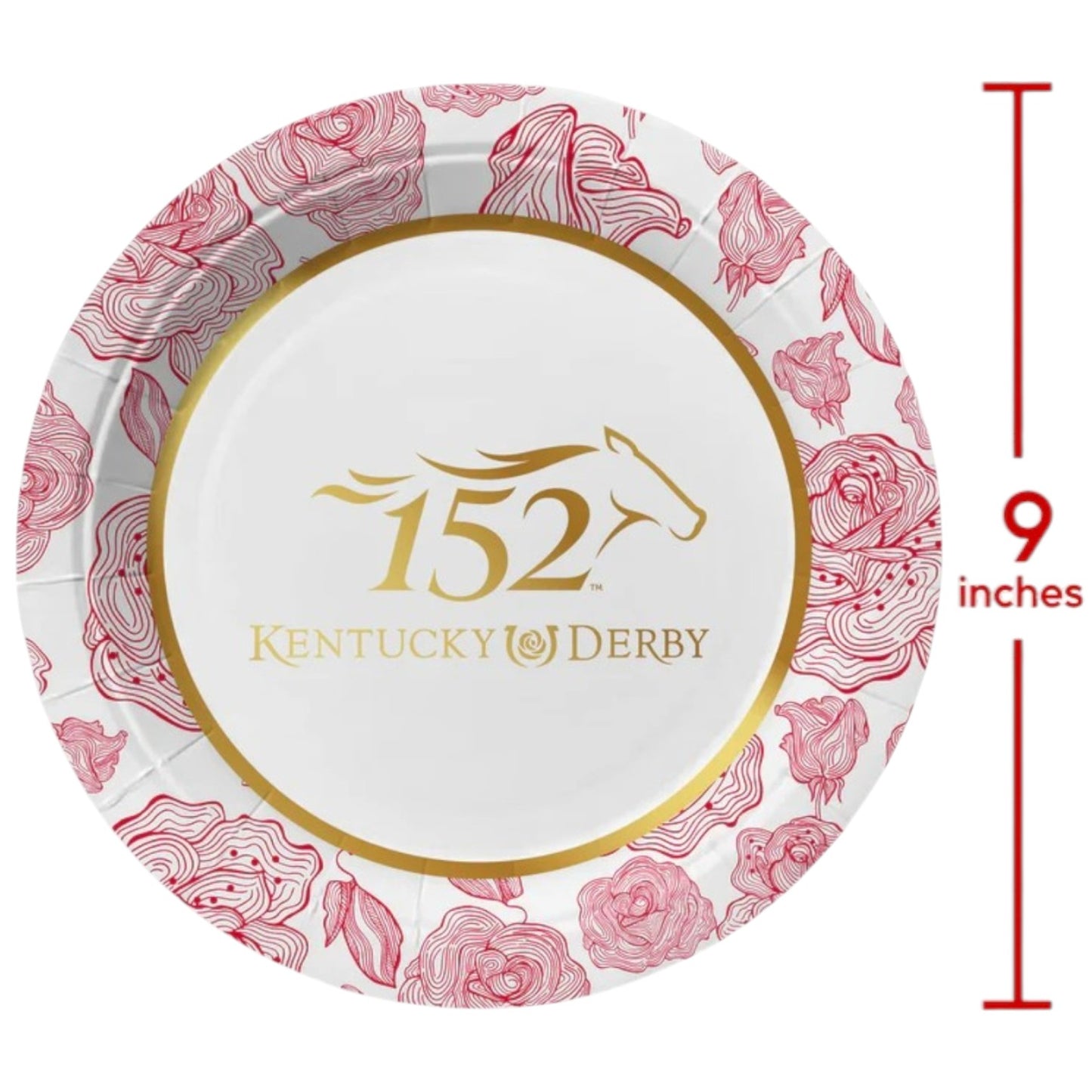A round, 9-inch paper party plate featuring the official 152nd Kentucky Derby logo resting on a clean white background.