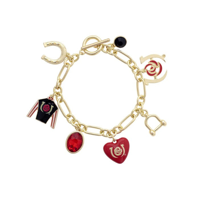 Flat lay view of the gold Kentucky Derby charm bracelet showing all seven equestrian charms and the toggle clasp.