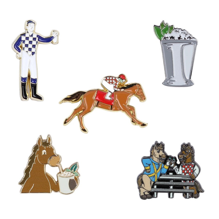 A collection of five unique Kentucky Derby themed enamel pins on a white background.