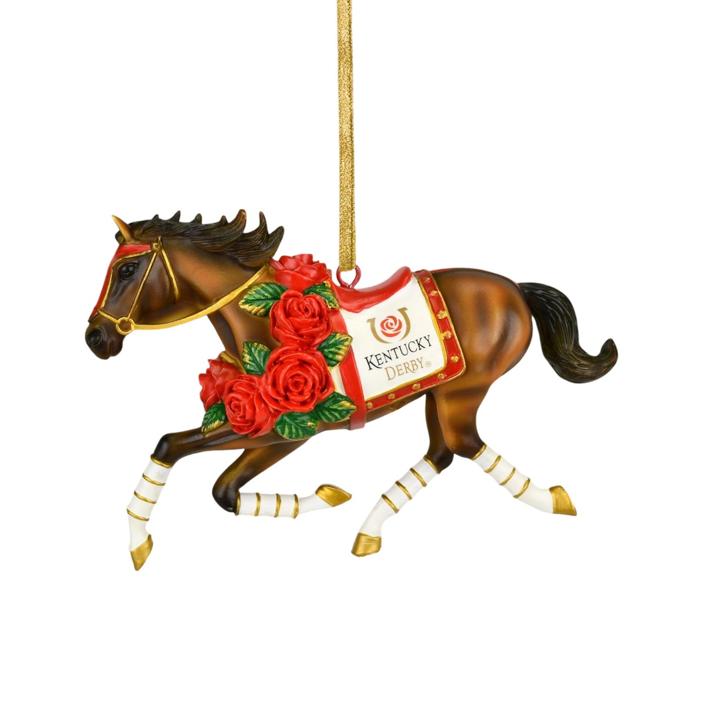 A macro view of the saddle cloth, showing the official Kentucky Derby logo and hand-painted details.