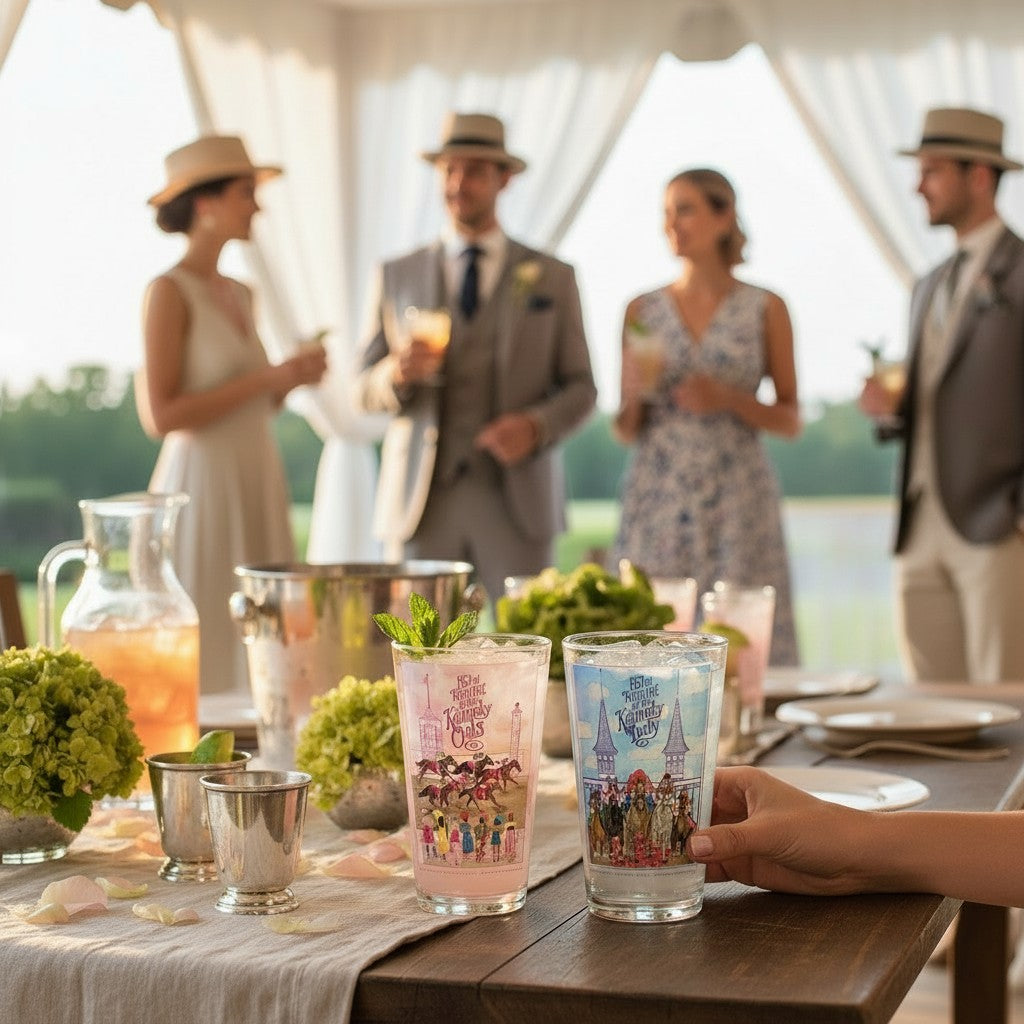 A rustic wooden table set for an outdoor Kentucky Derby party, featuring the commemorative 152nd Derby and Oaks pint glasses filled with iced beverages and fresh mint garnishes.
