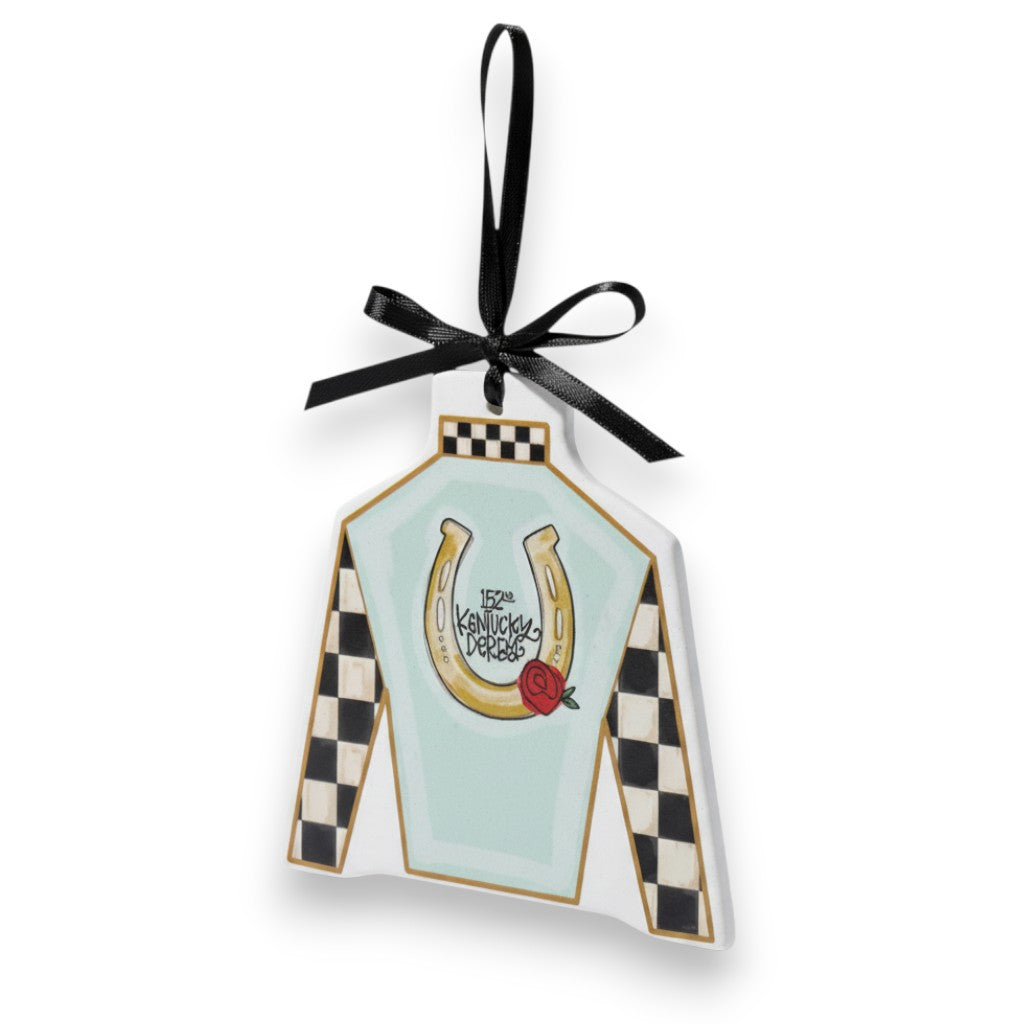 A close-up of the ornament, highlighting the golden horseshoe, red rose, and "152nd Kentucky Derby" text.