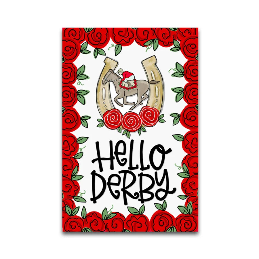 Card with horse and horseshoe design surrounded by red roses and 'Hello Derby' text.