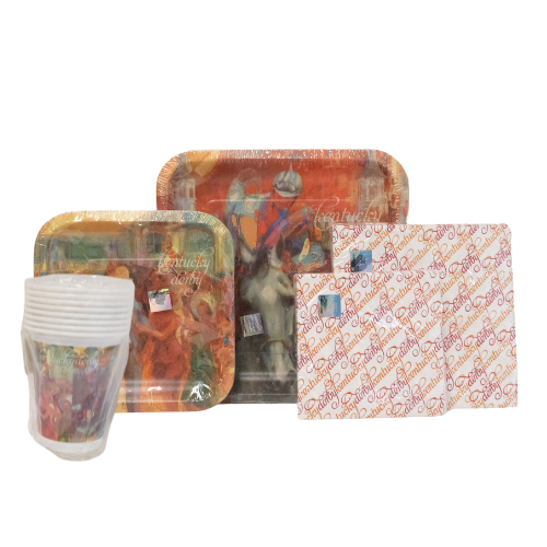 Set of paper plates, cups, and napkins with artistic design on a white background