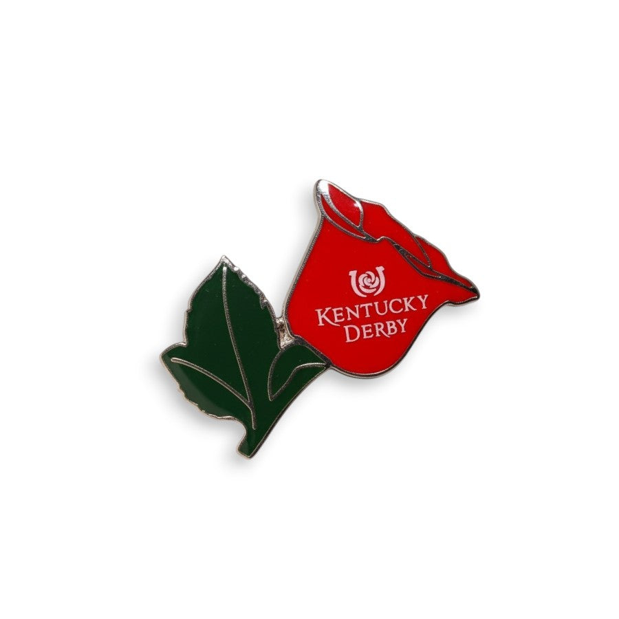 A detailed product shot of the Kentucky Derby enamel lapel pin, shaped like a red rose with a green leaf and silver outline, featuring "KENTUCKY DERBY" in white text on a white background.