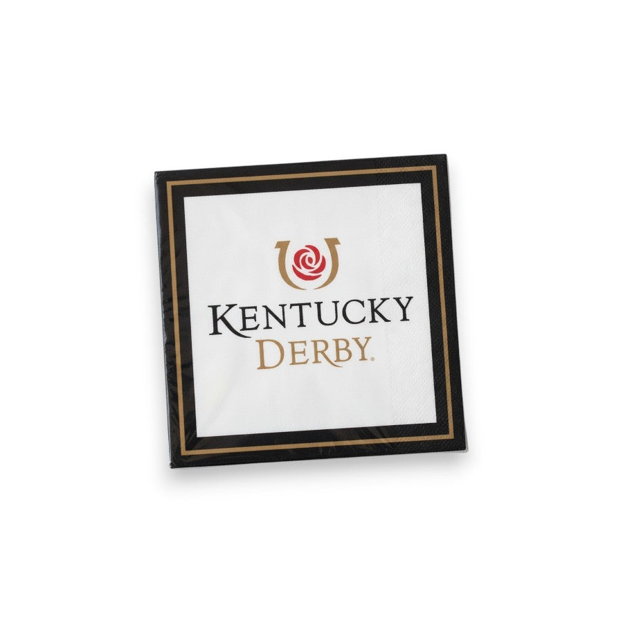 A white paper beverage napkin featuring the official Kentucky Derby gold horseshoe and red rose logo, framed by an elegant black and gold border.