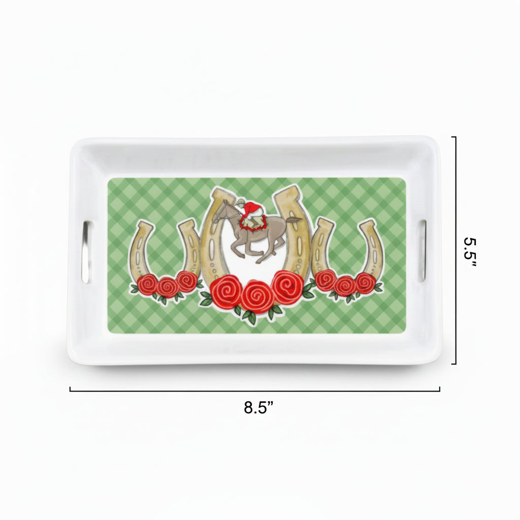 Decorative tray with horseshoe design and measurements on a white background