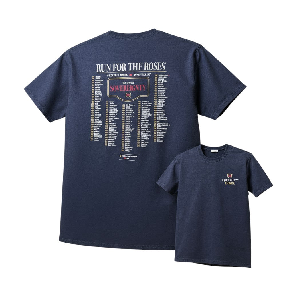 Navy blue t-shirt with 'Run for the Roses' Kentucky Derby Winners text and logo on a white background