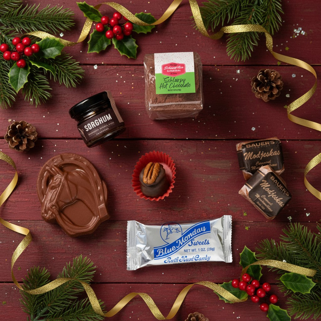 Assortment of Kentucky-made treats, including sorghum, hot chocolate, Modjeskas, and a Blue Monday candy bar, arranged on a festive red wooden surface.