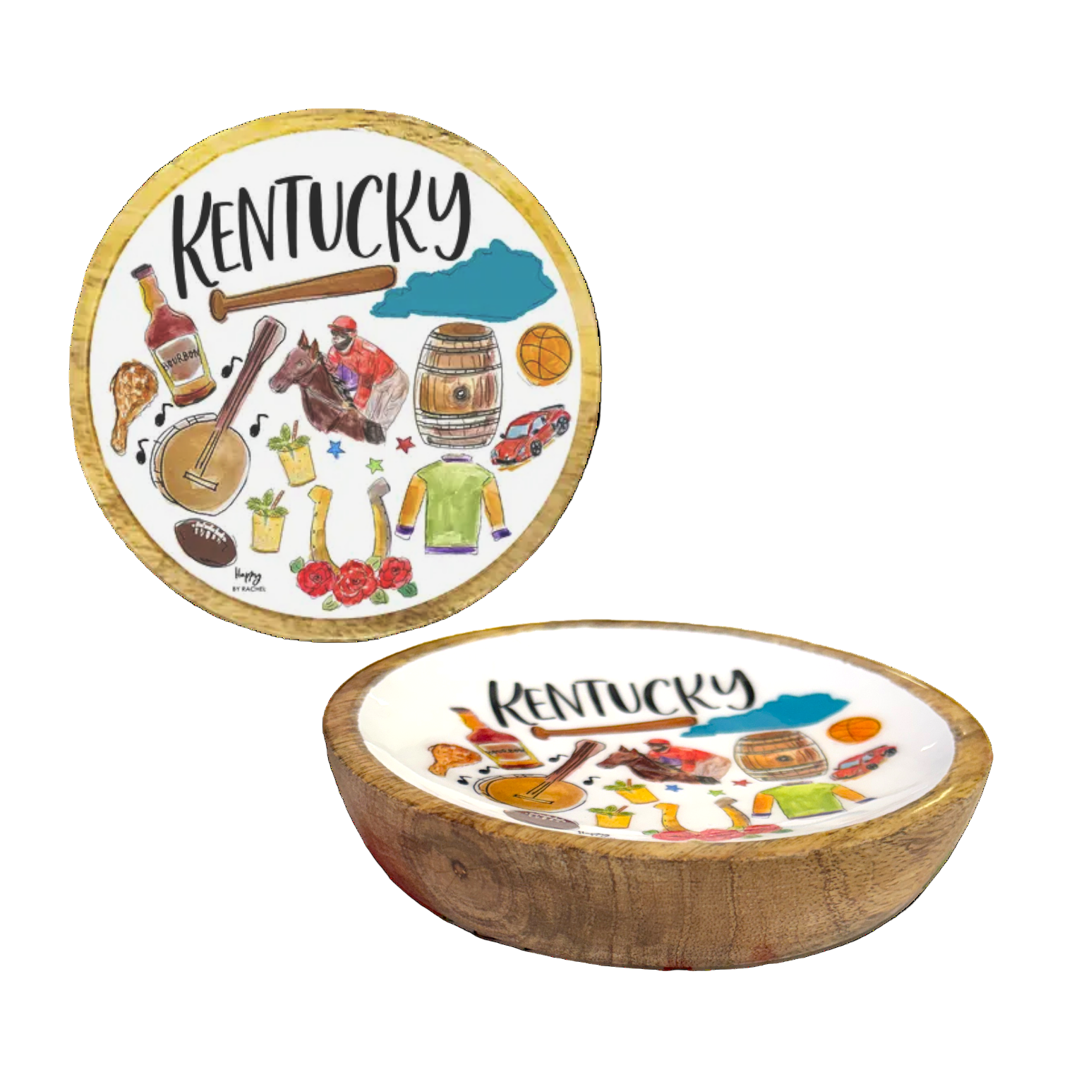 A detailed close-up of the enamel artwork inside the Kentucky tray, showing the vibrant illustrations.