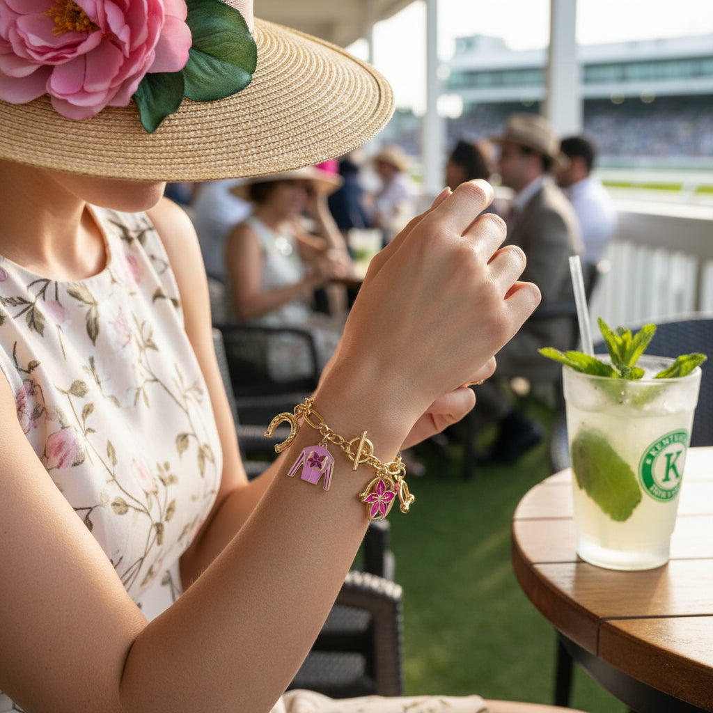 A model wearing the Kentucky Oaks charm bracelet, adding a festive pink accent to her race day outfit.