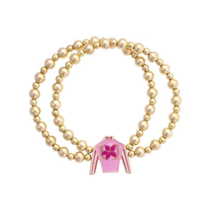 Full view of the Kentucky Oaks two-row gold bead stretch bracelet, showcasing the pink and red "Stargazer" jockey silk enamel charm.