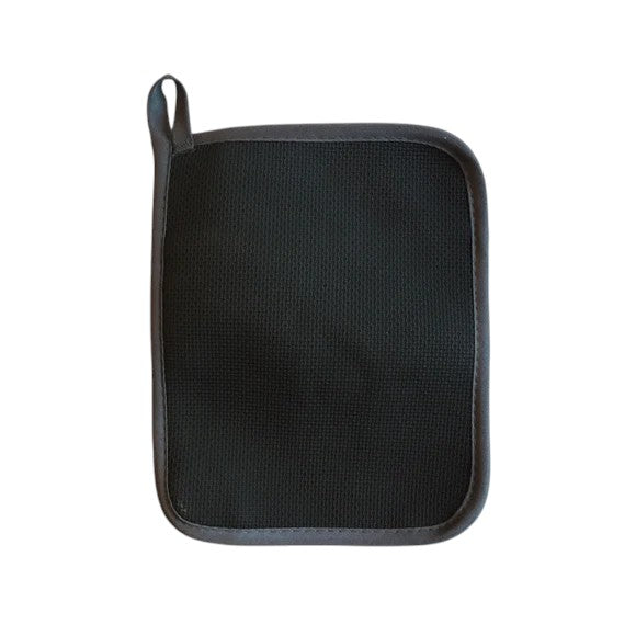Black pot holder with a strap on a white background