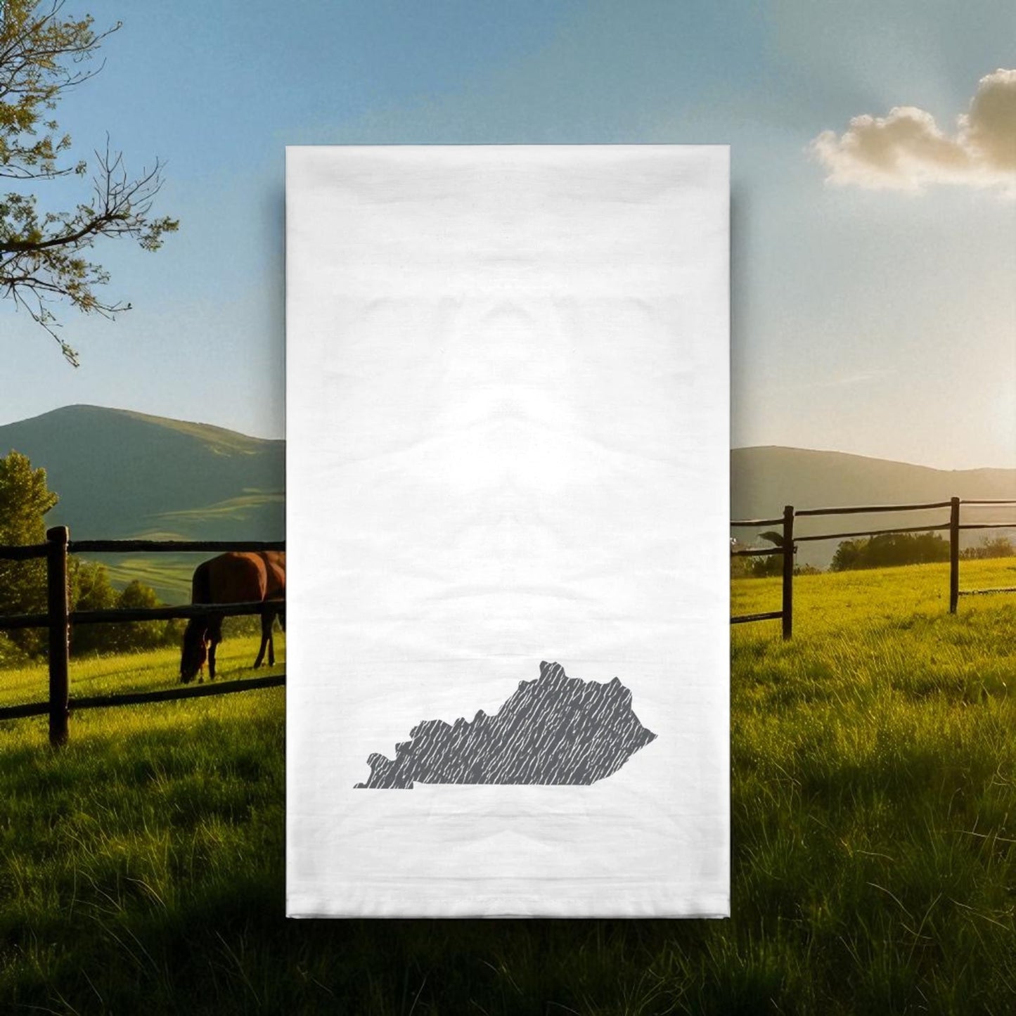 Horse in a field with a landscape in the background, featuring a map of Kentucky.