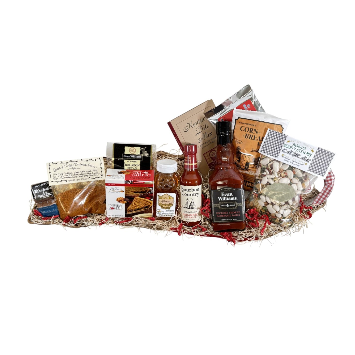 Gourmet gift basket with various items including a bottle of Evan Williams bourbon on a white background.