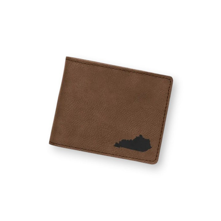 Brown wallet with a black outline of Kentucky on a white background