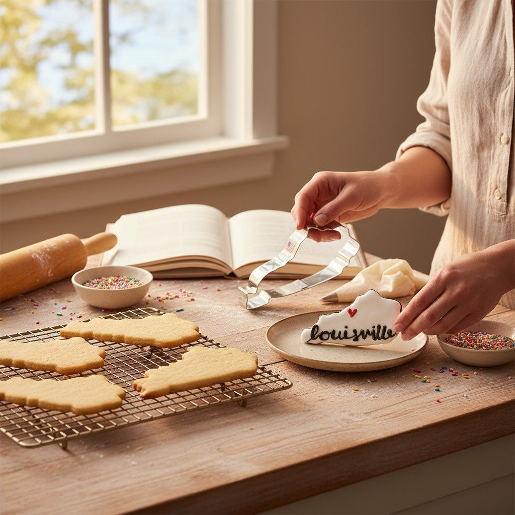 Person decorating Kentucky-shaped cookies on a wooden table with a cookie cuter, book and rolling pin in the background