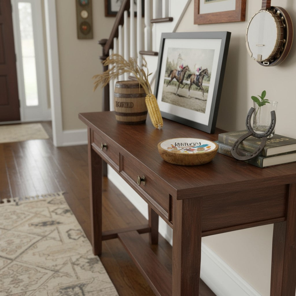 Lifestyle photo showing the Kentucky trinket tray on an entryway table holding a set of keys.