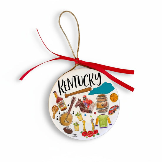 A 4-inch State of Kentucky ornament made of wood and enamel, showing hand-painted iconic KY symbols.