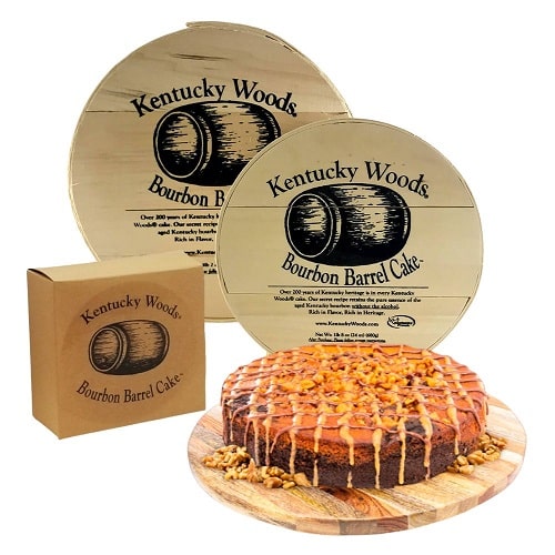 Kentucky Woods Bourbon Barrel Cake with packaging on a white background