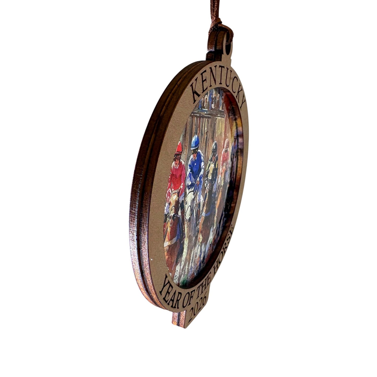 The Year of the Horse ornament with horse racing design and 'Kentucky' text on a white background