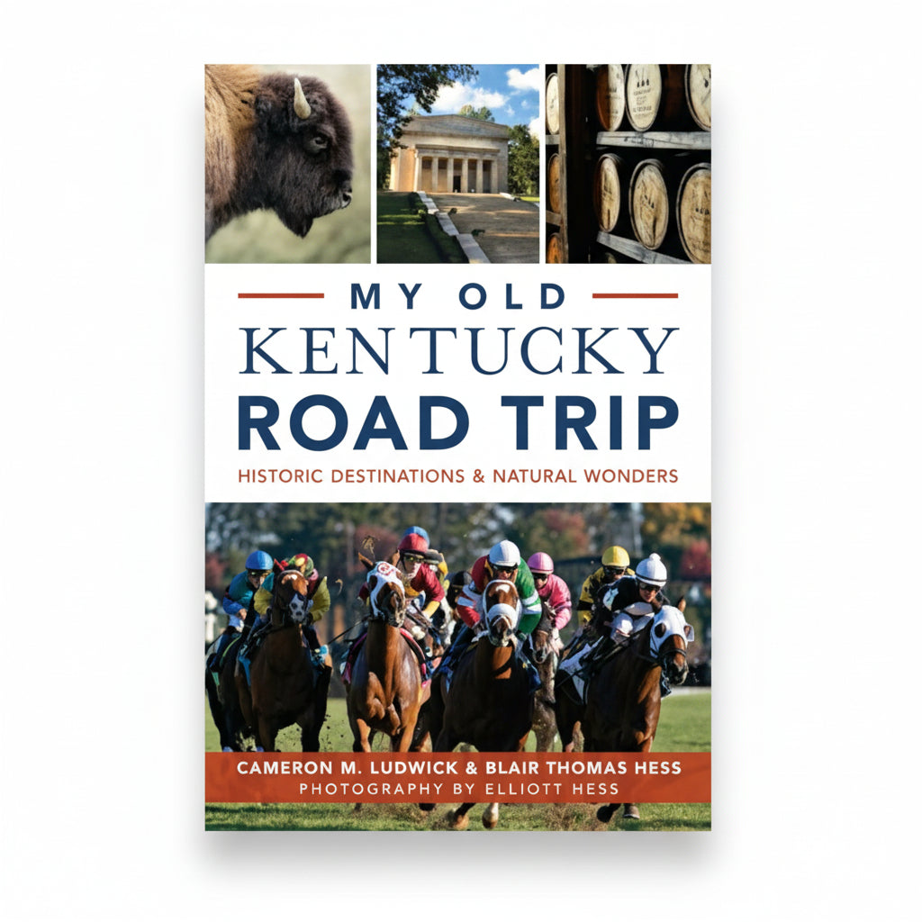 Book cover of 'My Old Kentucky Road Trip' with images of a bison, a building, barrels, and horse racing.