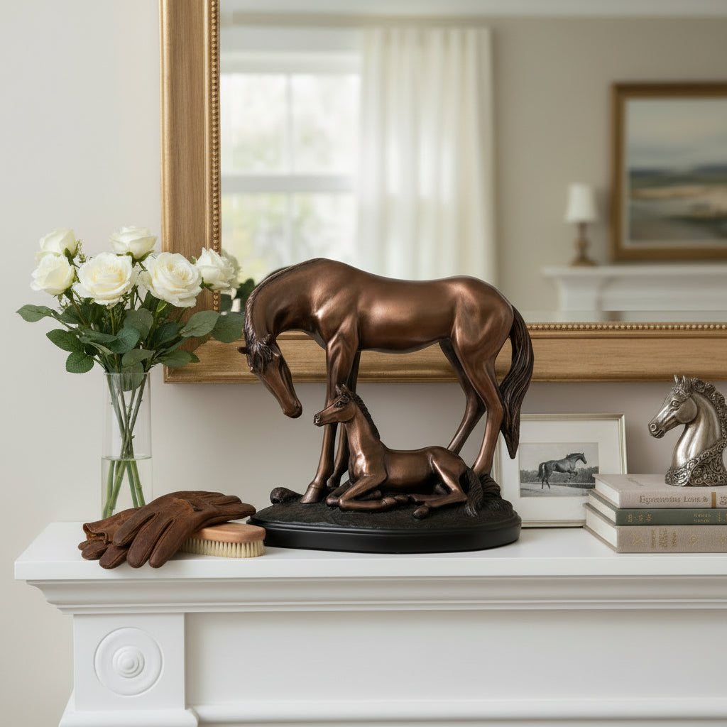 The large 12" x 11.5" Mom & Baby Horse Sculpture making a statement on a fireplace mantel.