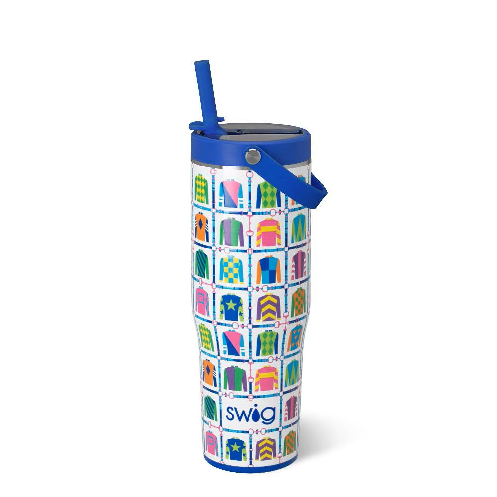 The Leakproof To-Go Tumbler (30oz) in Jockey Club print with a handle and straw, set against a white background.
