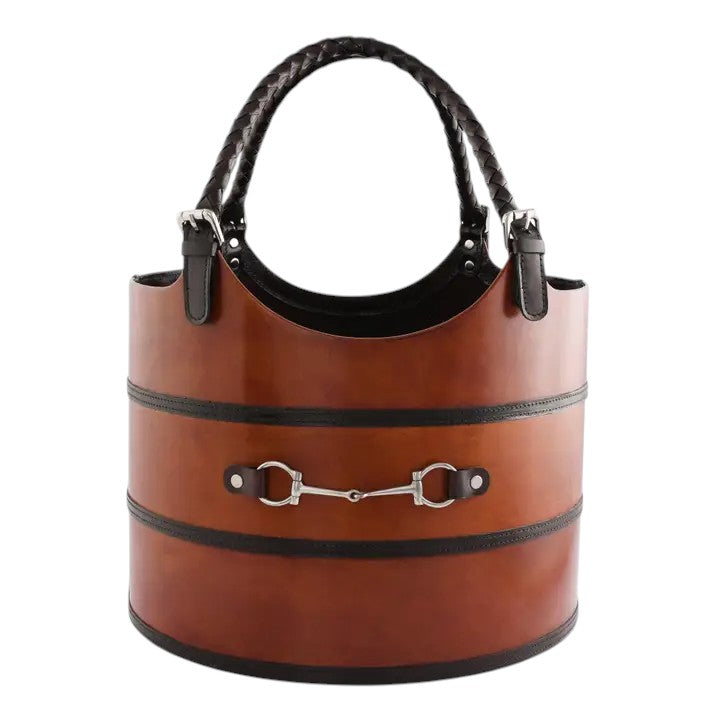 Brown leather handbag with black accents on a white background